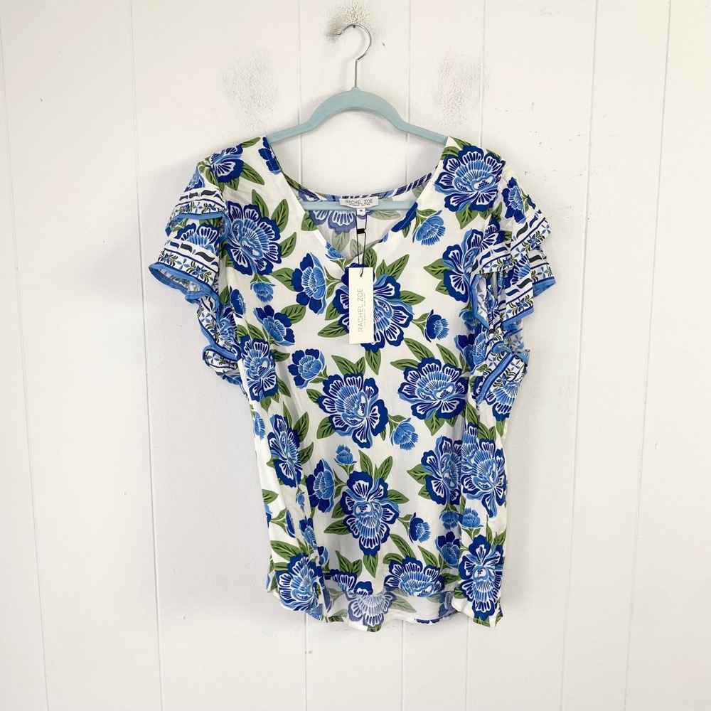 Rachel Zoe Womens Floral V-Neck Ruffle Sleeve Rayon Blouse Blue White 1X NEW